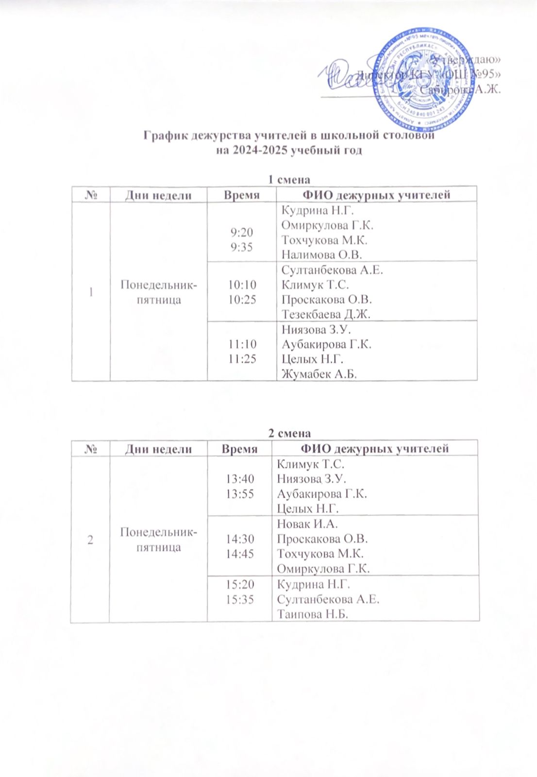 График дежурства учителей в школьной столовой на 2024-2025 учебный год